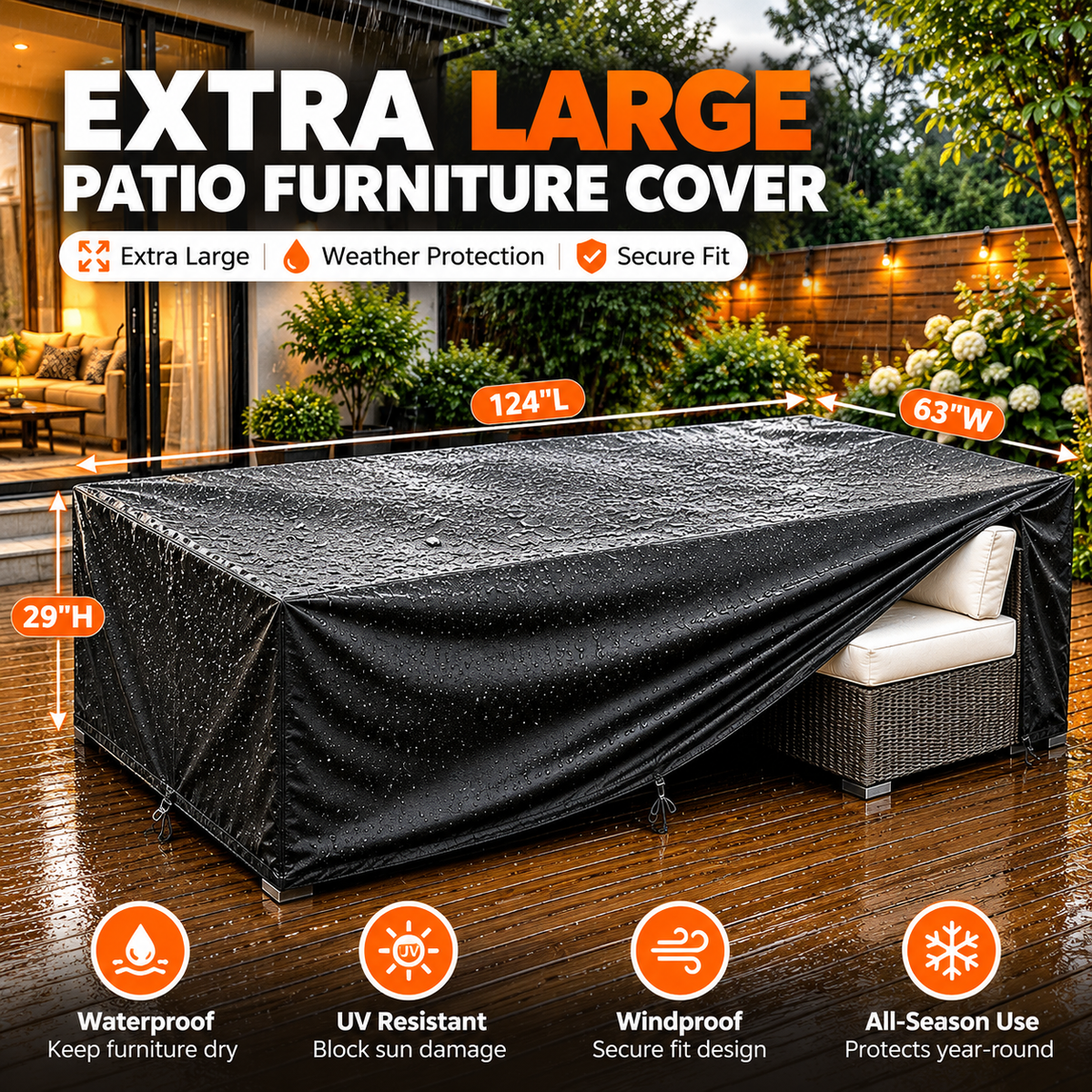 Extra Large Waterproof Patio Furniture Cover 124 × 63 in
