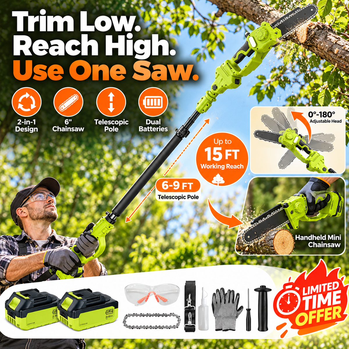 🌳Garden Find | 2-in-1 Cordless Pole Saw & 8" Mini Chainsaw with 2 Batteries