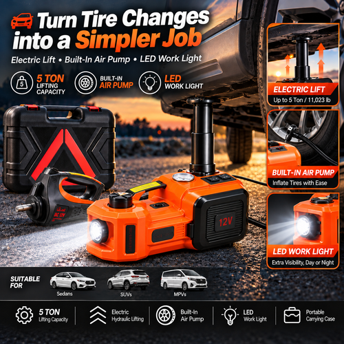 5-Ton Electric Hydraulic Car Jack with Air Pump & LED Light