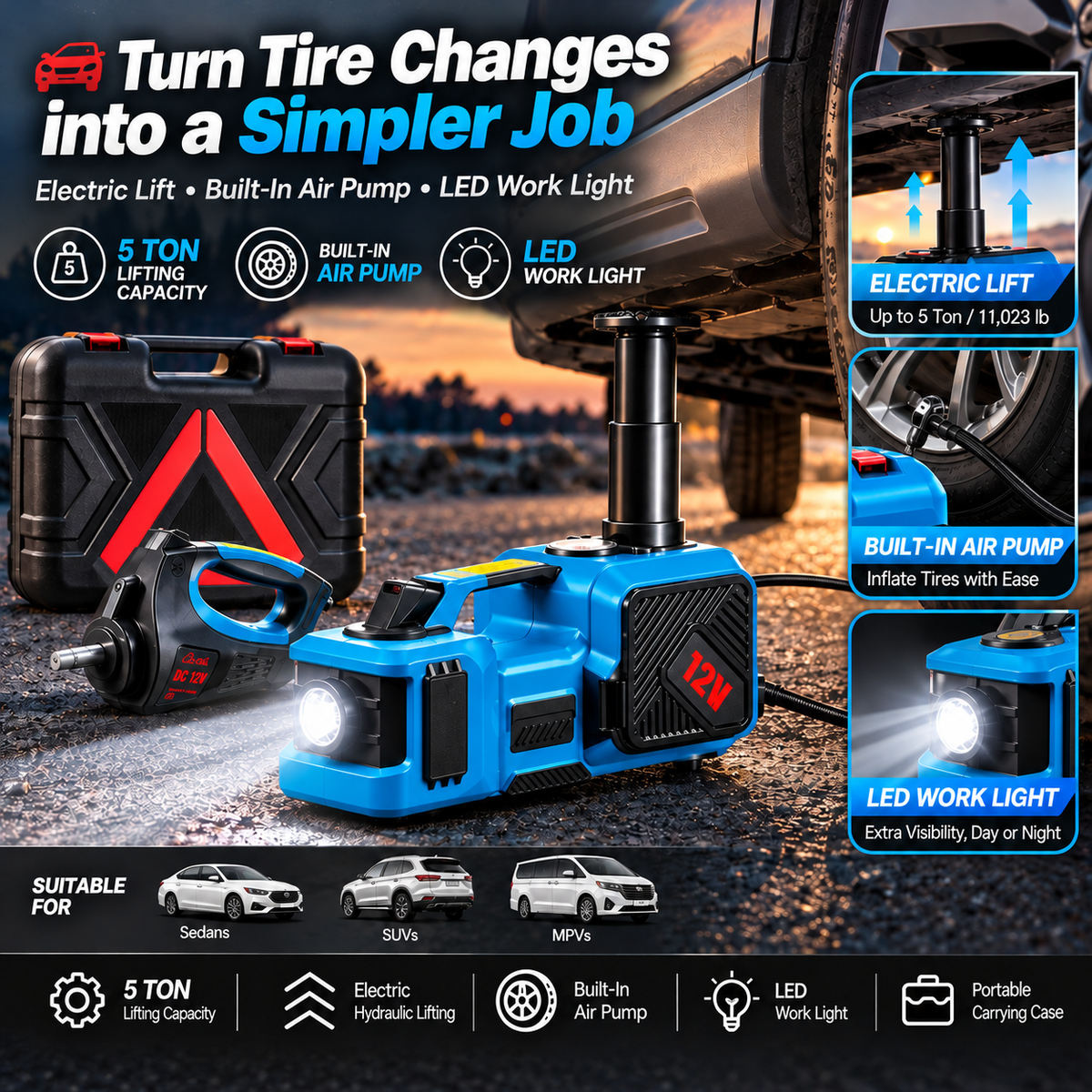 5-Ton Electric Hydraulic Car Jack with Air Pump & LED Light
