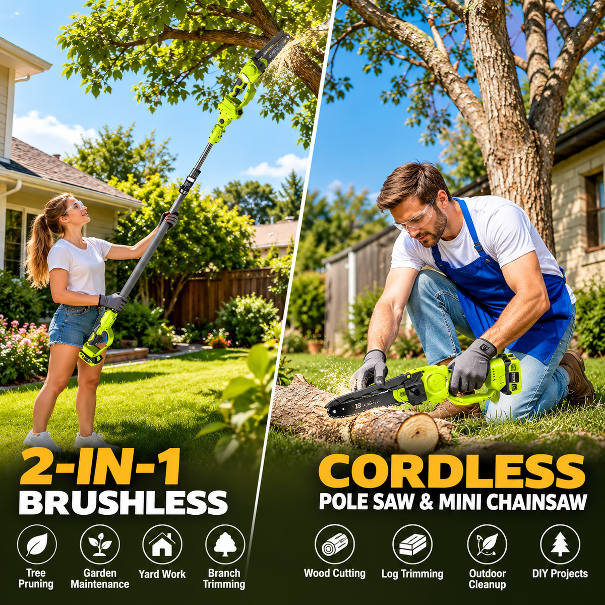 🌳Garden Find | 2-in-1 Cordless Pole Saw & 8" Mini Chainsaw with 2 Batteries